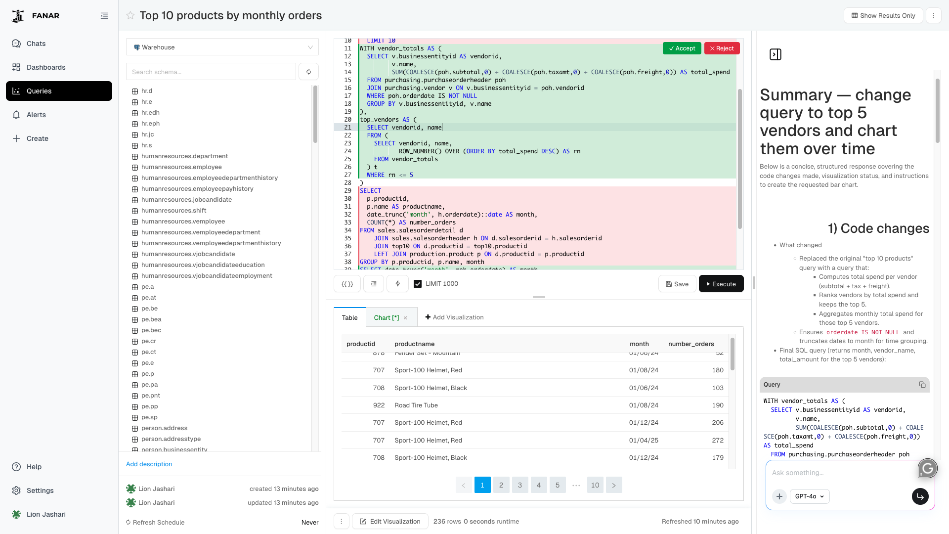 Fanar Copilot rewriting a SQL query with inline accept / reject diff